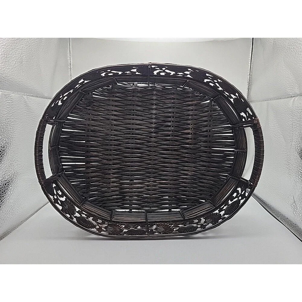 Metal & Wicker Tray Or Decor ~ Vtg Oval Brown Bambo & Copper Look ~ Well Made